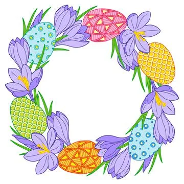Happy Easter. Round frame made of bright easter eggs and crocus flowers Stock Illustration