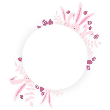 Happy Easter round mockup greeting card with pink rabbits, eggs, spring twigs Stock Illustration