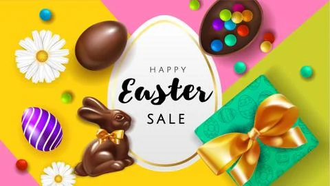 Happy Easter sale background template with chocolate Easter eggs ,bunny, sweets Illustrazione stock