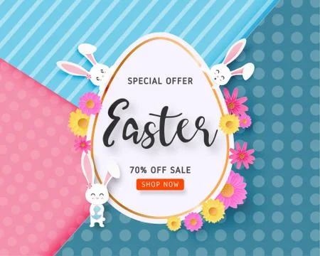Happy Easter sale banner with Easter egg, bunny and flower on background in p 스톡 일러스트