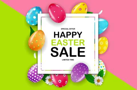 Happy Easter sale poster template with 3d realistic Easter eggs.  Template fo Stock Illustration