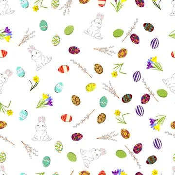 Happy Easter. Seamless background of Easter bunny, Easter rabbit and colorful Stock Illustration