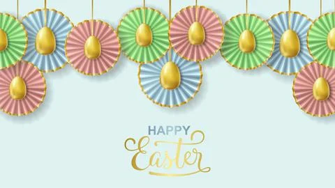Happy Easter seamless banner with realistic golden eggs and paper flowers Stock Illustration
