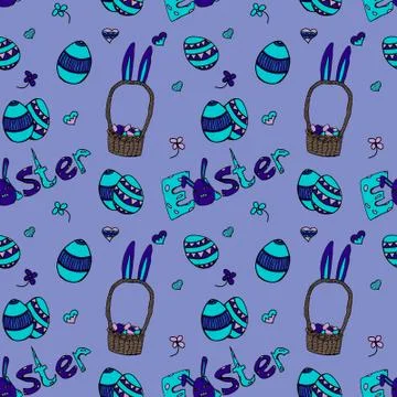 Happy easter seamless pattern in blue colors hand-drawn bunny, basket with eggs Stock Illustration