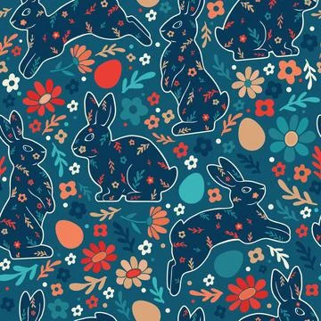 Happy Easter seamless pattern. Bright flat illustration with rabbits, eggs, a Stock Illustration