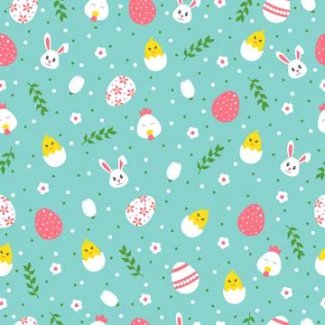 Happy Easter seamless pattern with bunny, chick, egg, flower, branch, chicken on イラスト素材