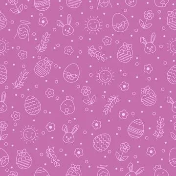 Happy Easter seamless pattern with bunny, jesus christ, egg, flower, branch 스톡 일러스트