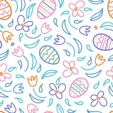 Happy easter. Seamless pattern chocolate eggs and spring flowers. In pastel Stock Illustration