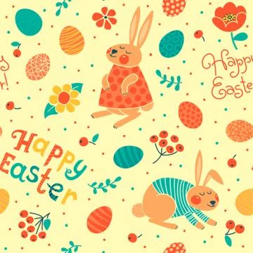 Happy Easter seamless pattern with cute bunnies and eggs. Stock Illustration
