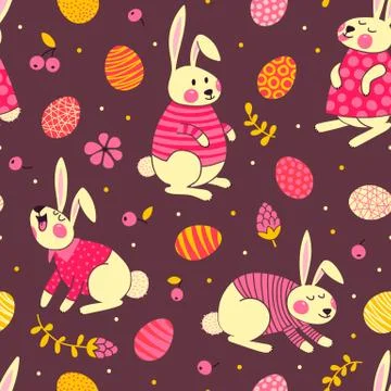 Happy Easter seamless pattern with cute bunnies and eggs. Illustrazione stock