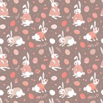 Happy Easter seamless pattern with cute bunnies and eggs. Stock Illustration