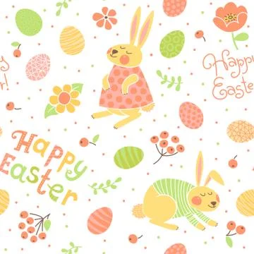 Happy Easter seamless pattern with cute bunnies and eggs. Stock Illustration