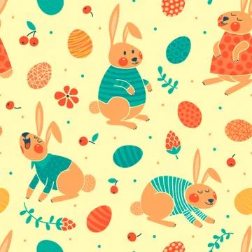 Happy Easter seamless pattern with cute bunnies and eggs. Stock Illustration