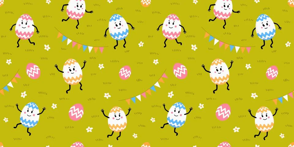 Happy Easter seamless pattern with cute egg characters on a green lawn. イラスト素材