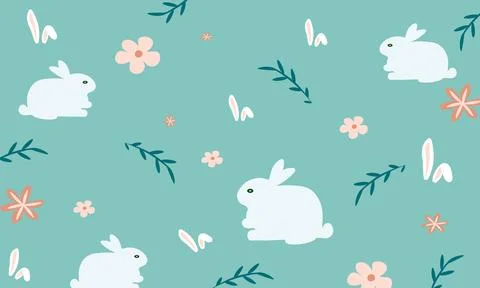 Happy Easter seamless pattern. Cute bunnies, flowers and leaves on mint bac.. 스톡 일러스트