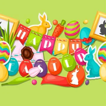 Happy Easter seamless pattern with decorative objects, eggs, bunnies stickers Illustrazione stock