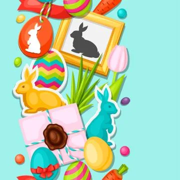 Happy Easter seamless pattern with decorative objects, eggs, bunnies stickers Stock Illustration