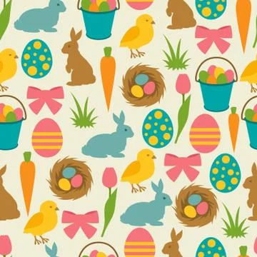 Happy Easter seamless pattern with decorative objects. Background can be used Stock Illustration