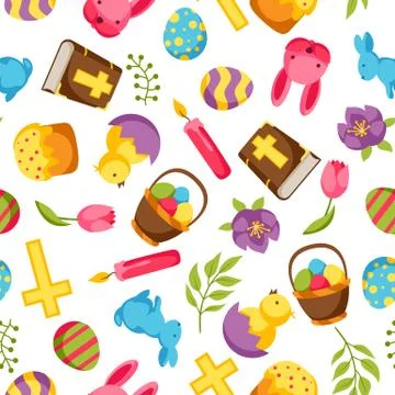 Happy Easter seamless pattern with decorative objects, eggs and bunnies Illustrazione stock