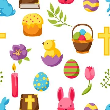 Happy Easter seamless pattern with decorative objects, eggs and bunnies Stock Illustration