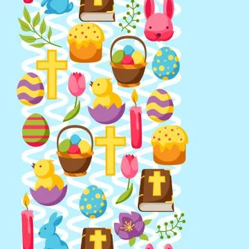Happy Easter seamless pattern with decorative objects, eggs and bunnies Stock Illustration