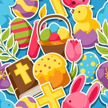 Happy Easter seamless pattern with decorative objects, eggs and bunnies stickers Stock Illustration