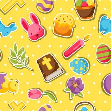 Happy Easter seamless pattern with decorative objects, eggs and bunnies stickers Stock Illustration