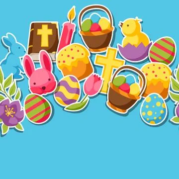 Happy Easter seamless pattern with decorative objects, eggs and bunnies stickers Stock Illustration