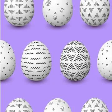 Happy Easter seamless pattern. Easter white eggs with monochrome simple decor Stock Illustration