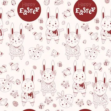 Happy Easter Seamless pattern. Easter pattern of rabbits-boys and girls-hares, d Ilustración de archivo