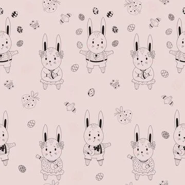 Happy Easter Seamless pattern. Easter pattern of rabbits-boys and girls-hares, e Stock Illustration