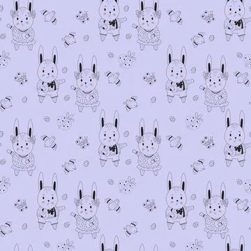 Happy Easter seamless pattern. Easter bunnies - boy and girl, decorative eggs, b Stock Illustration