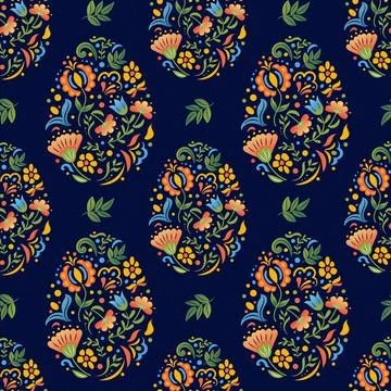 Happy Easter seamless pattern. Egg with botanical pattern. Mexican or Slavic Stock Illustration