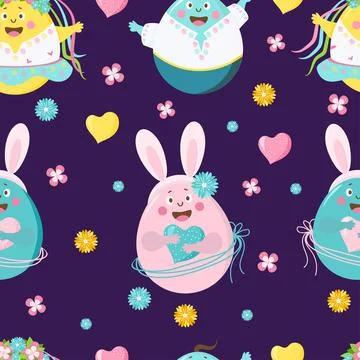 Happy Easter seamless pattern. Funny Easter eggs - girls and boys with faces, em Stock Illustration