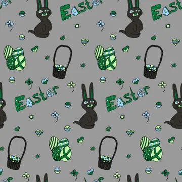 Happy easter seamless pattern in gray-green colors hand-drawn 库存插图