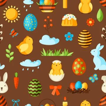 Happy Easter seamless pattern with holiday items. 스톡 일러스트