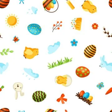 Happy Easter seamless pattern with holiday items. Stock Illustration