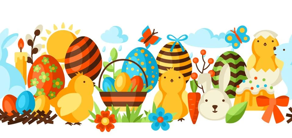 Happy Easter seamless pattern with holiday items. Stock Illustration