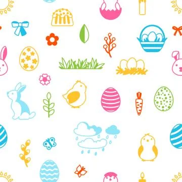 Happy Easter seamless pattern with holiday items. 스톡 일러스트