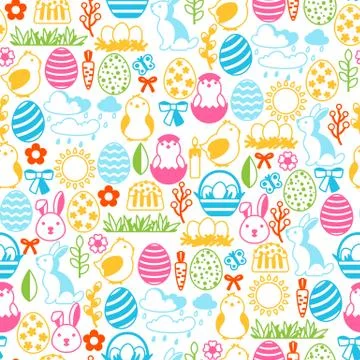 Happy Easter seamless pattern with holiday items. Stock Illustration