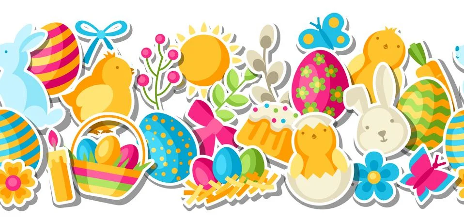 Happy Easter seamless pattern with holiday stickers. 스톡 일러스트