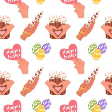 Happy Easter seamless pattern. Love the Easter cupcake and the colorful painted Stock Illustration