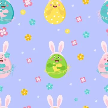 Happy Easter seamless pattern. Pattern of funny Easter eggs with faces, emotions Stock Illustration