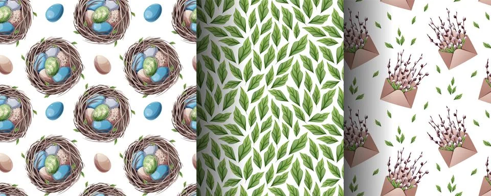 Happy Easter Seamless Pattern Set with Nest, Eggs, Leaves and Willow in Envelope Stock Illustration