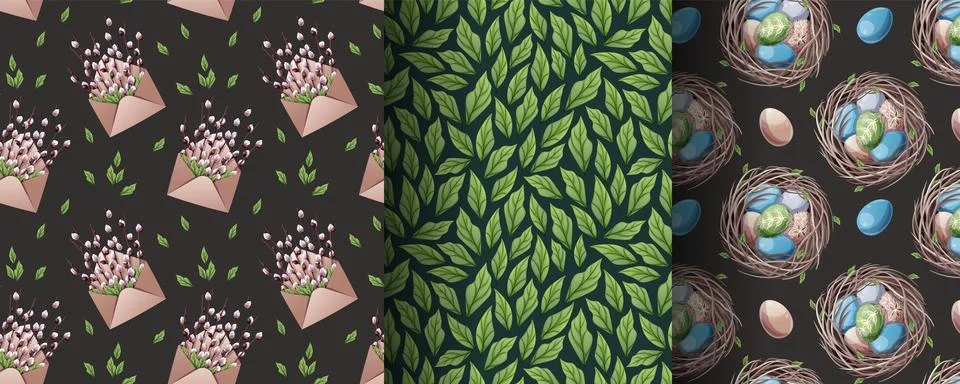 Happy Easter Seamless Pattern Set with Nest, Eggs, Leaves and Willow in Envelope Stock Illustration
