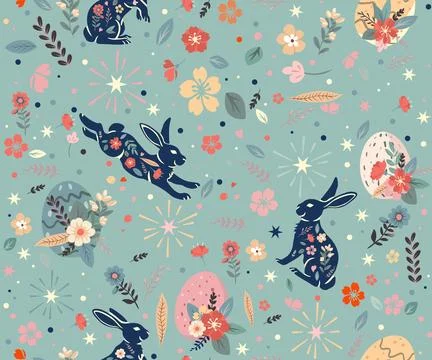 Happy Easter seamless pattern. Trendy Easter design with typography, hand d.. Stock Illustration