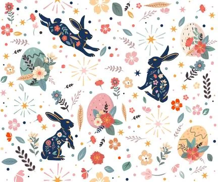 Happy Easter seamless pattern. Trendy Easter design with typography, hand d.. Stock Illustration