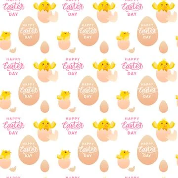Happy Easter Seamless Pattern With Yellow Chicken In Eggs On White Background イラスト素材
