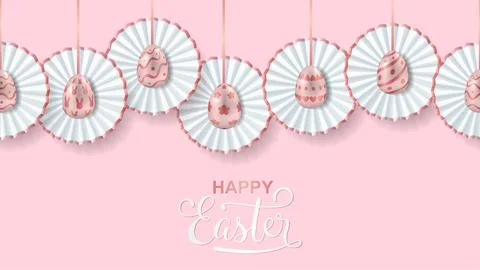 Happy Easter seamless pink and white border with realistic golden eggs and pa Stock Illustration