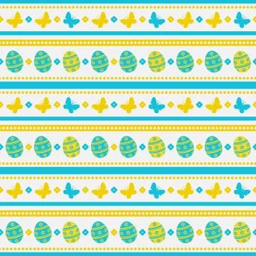 Happy Easter! Seamless striped pattern with painted eggs and butterflies. Vec 스톡 일러스트